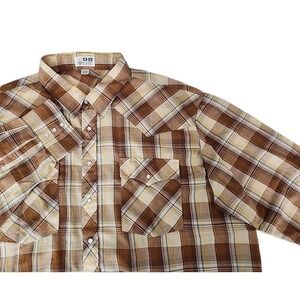 Vintage GS Sport Men's 3XL Western Pearl Snap Brown/Gold Plaid Long Sleeve EUC